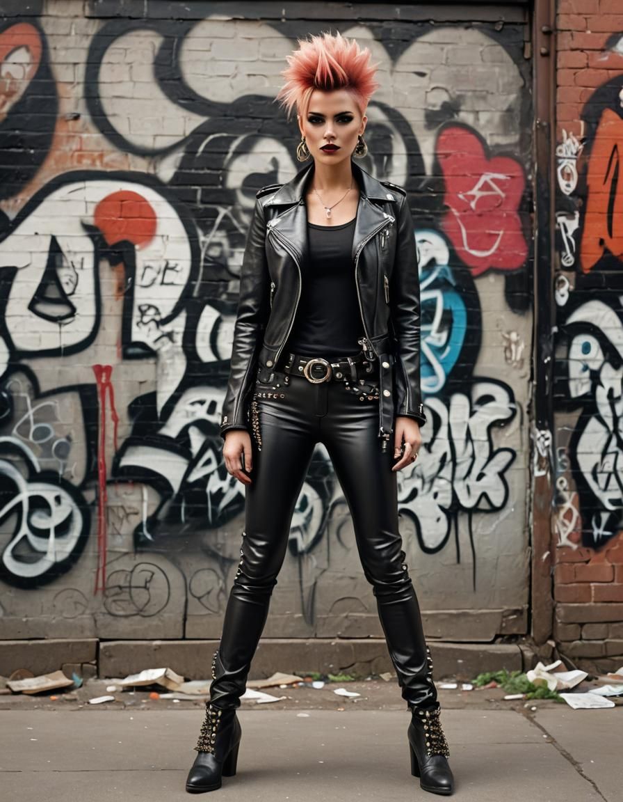 **"A rebellious 1970s punk rockabilly glamour girl figure, w...