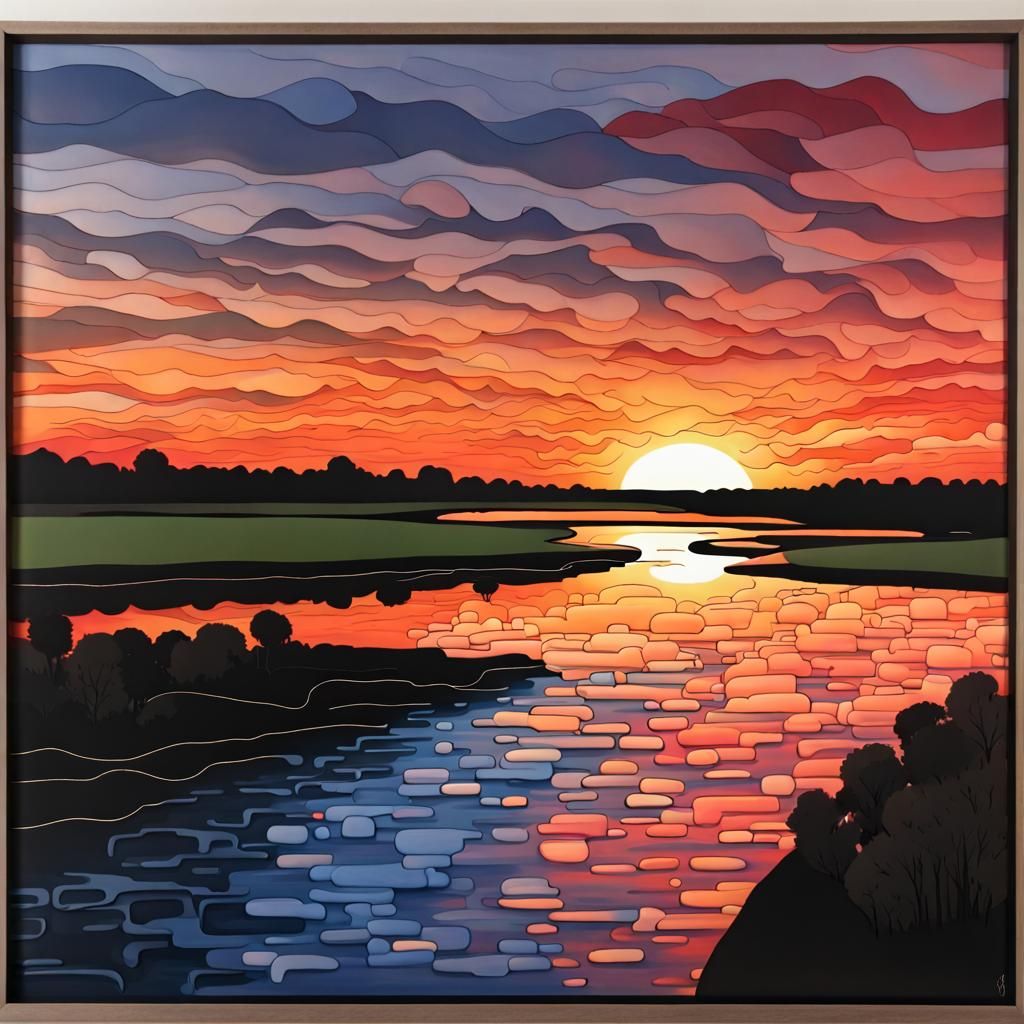 Neurographic Art: Sunset River Scene