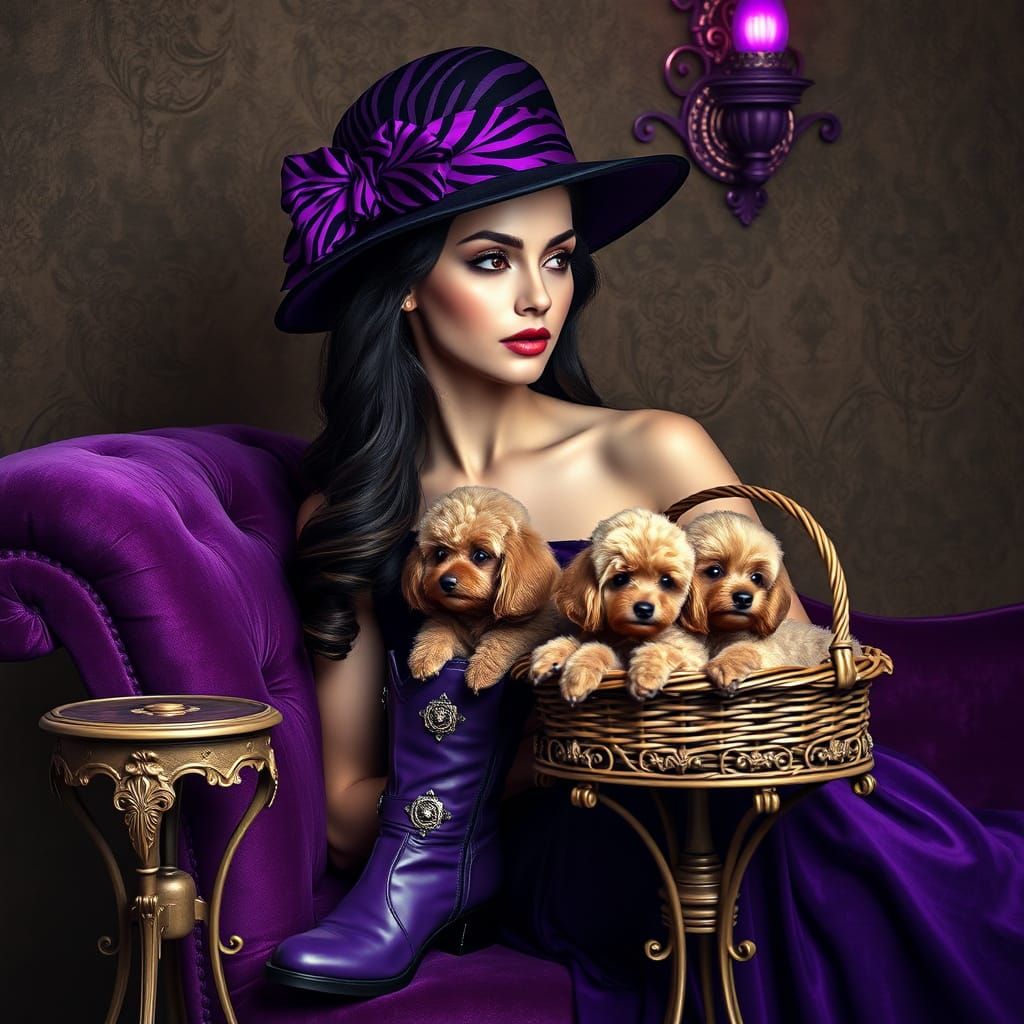 Hyperrealistic Portrait of a Woman in a Striped Hat and Velv...