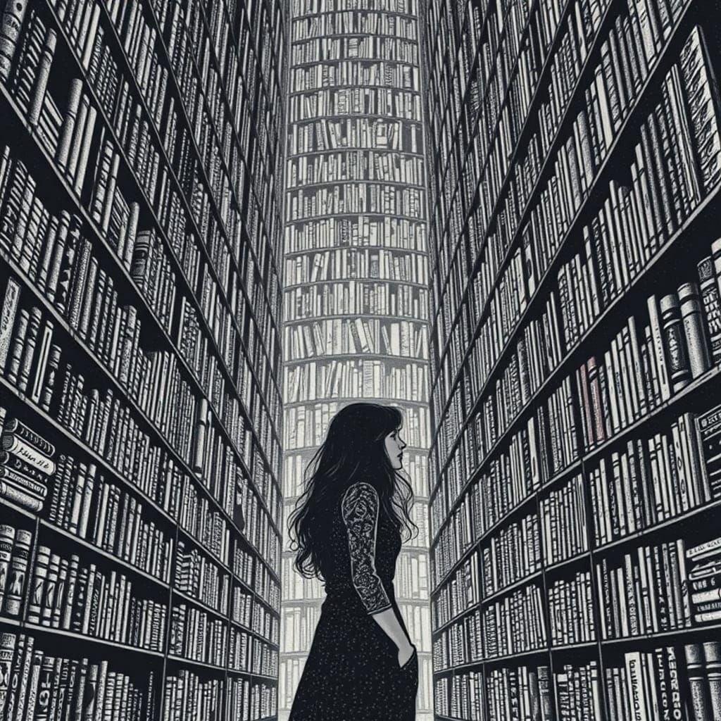 Intricate Dot Work Portrait of a Woman in a Whimsical Librar...