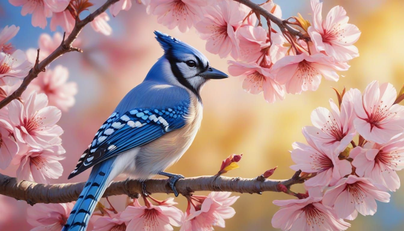 Blue Jay in Cherry Tree: Acrylic Painting
