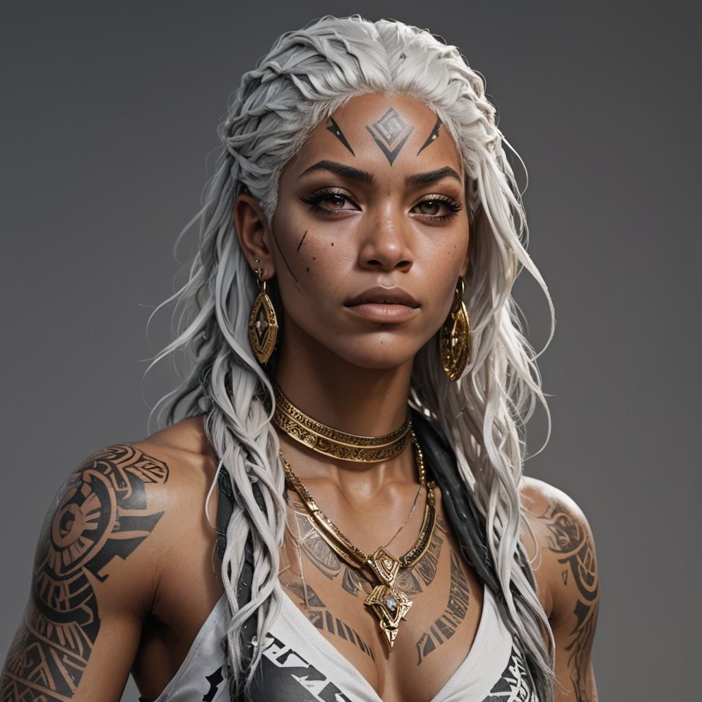 Hyperrealistic Portrait of Black Woman with White Hair