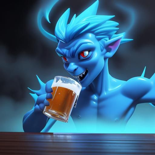 Energetic Demon Enjoys Beer in Foggy Pub