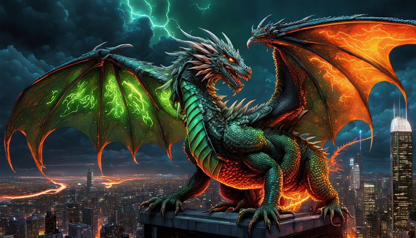 Biotech Dragon Coiled Around Skyscraper in Comic Art