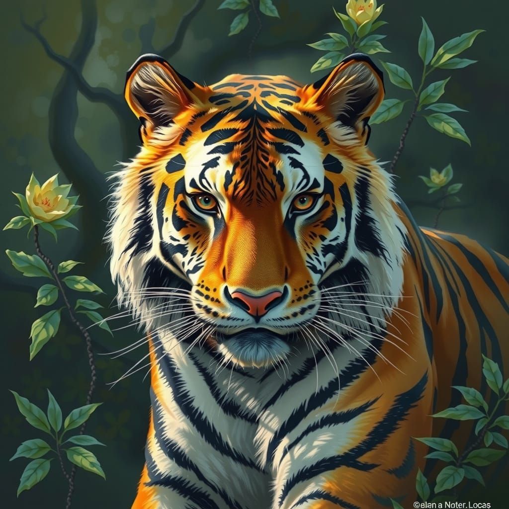 Empathetic Tiger in Misty Forest, Earthy Tones