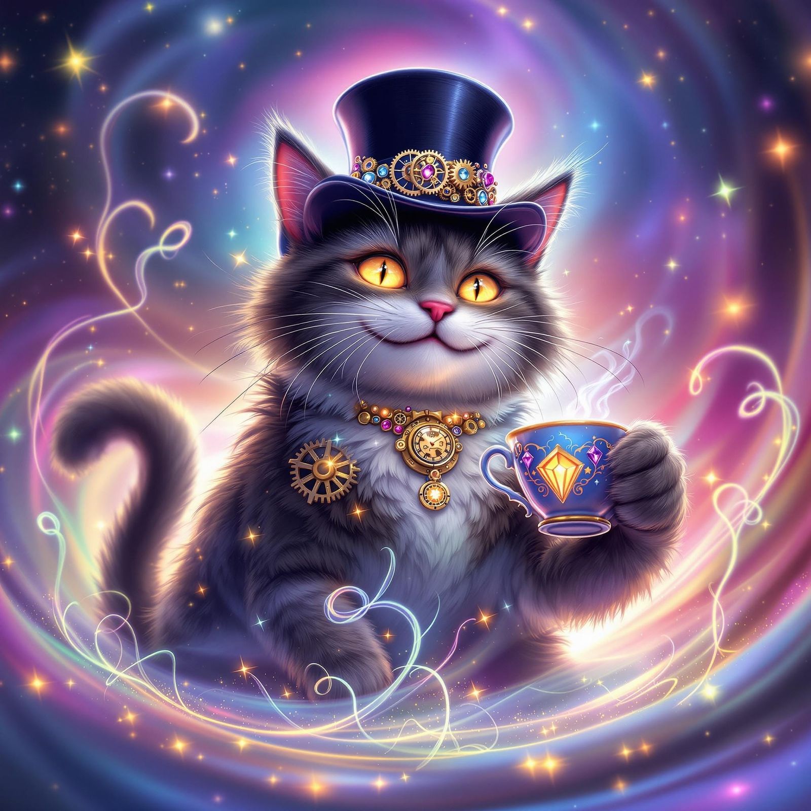 Cyberpunk Cat Sips Tea from a Delicate Teacup