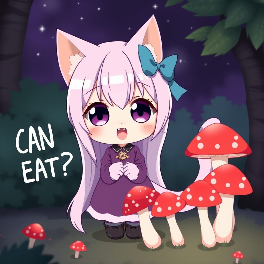 Kawaii Catgirl Surveys Nighttime Forest