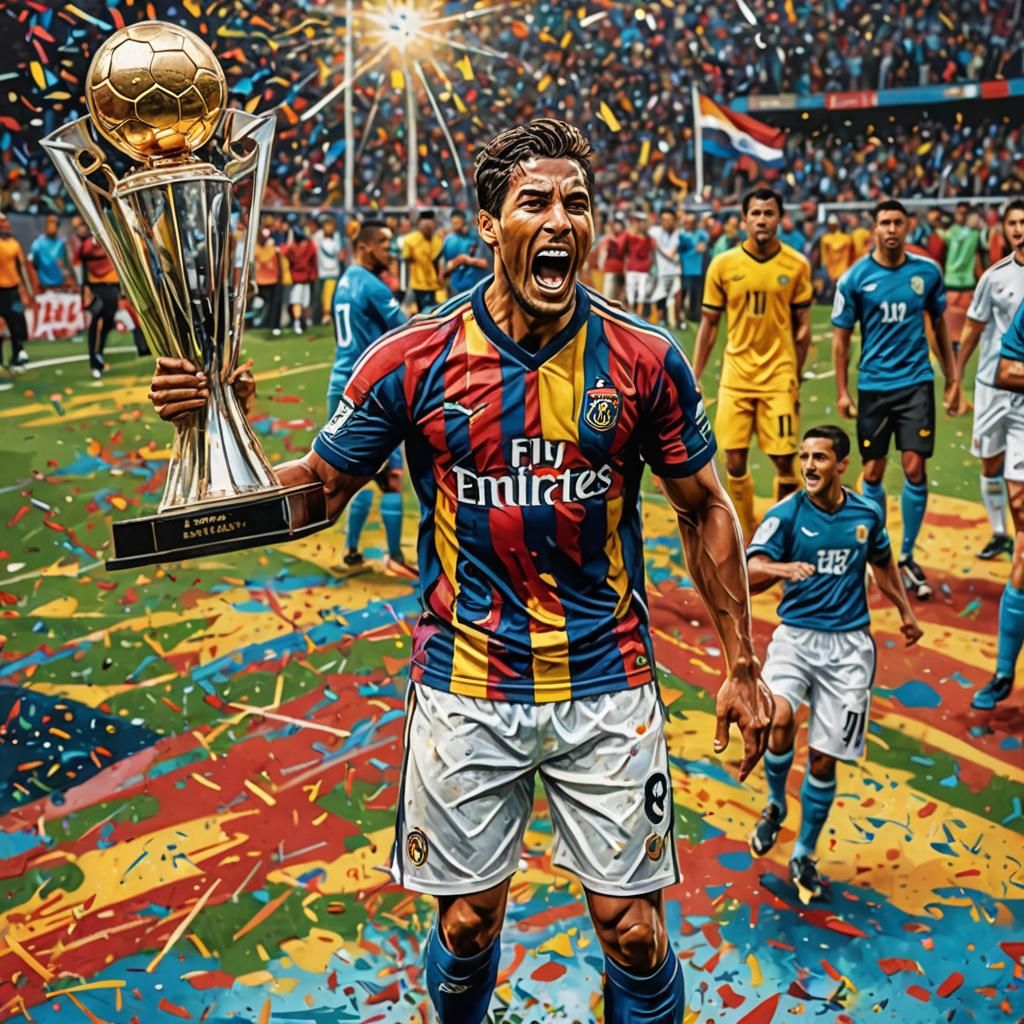 Champion Soccer Player with Trophy in Splash Art Style