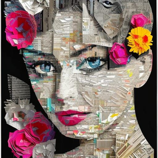Magazine Collage Portrait of Woman with Flowers
