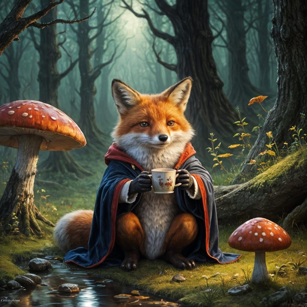 Whimsical Fox Sips Tea under Glowing Mushroom