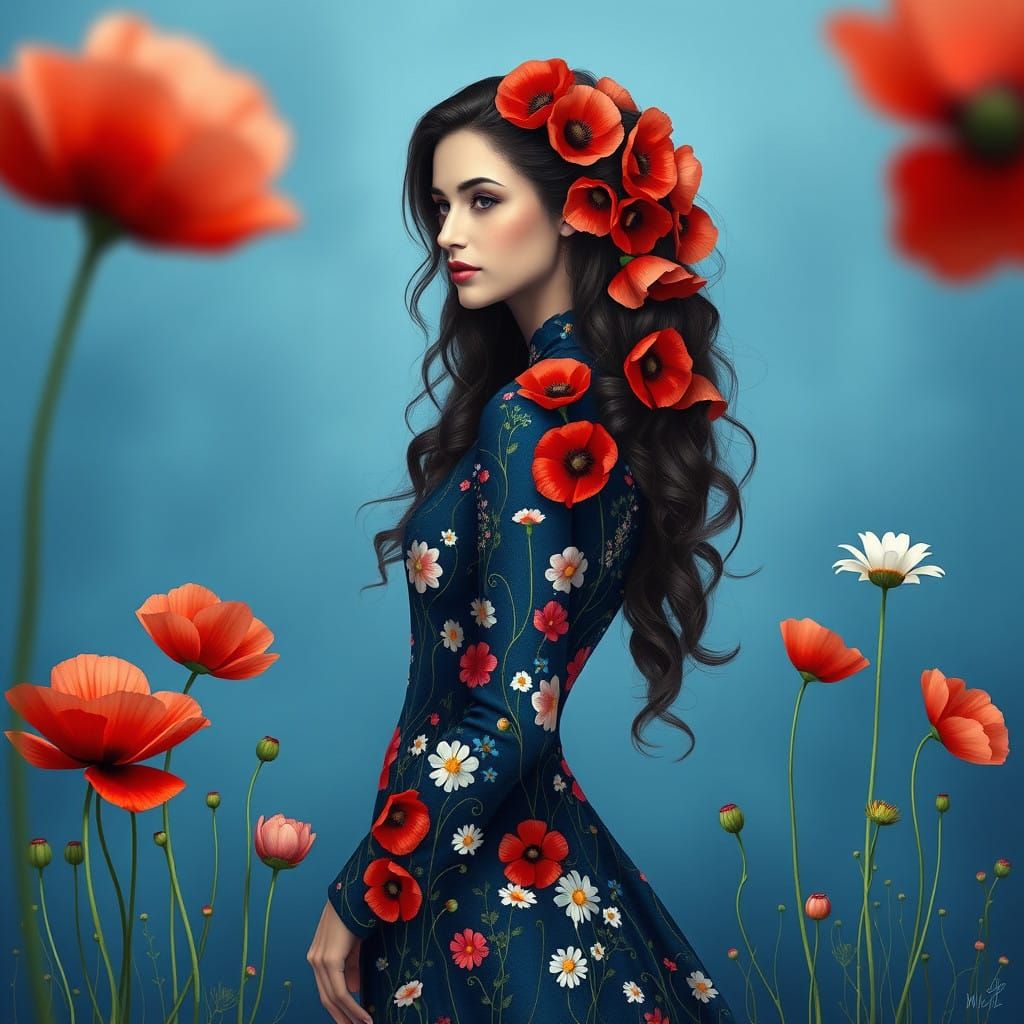 Woman in Elegant Blue Dress with Vibrant Floral Patterns