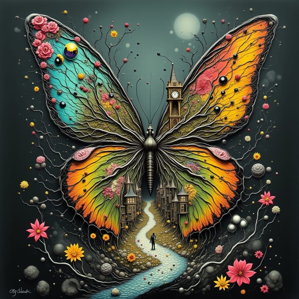 Surreal Miniature Town Inside Butterfly Wings