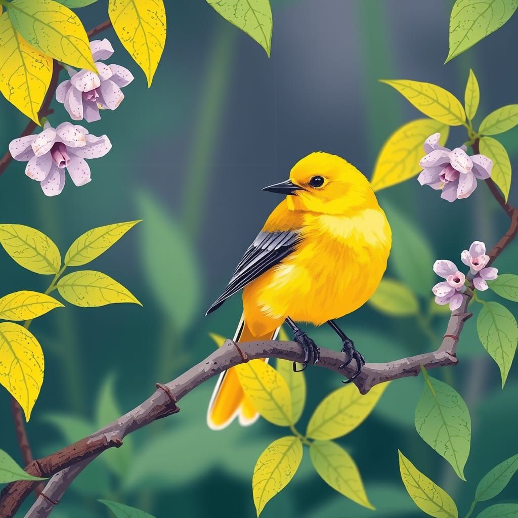 Vibrant Canary in Whimsical Woodland Scene