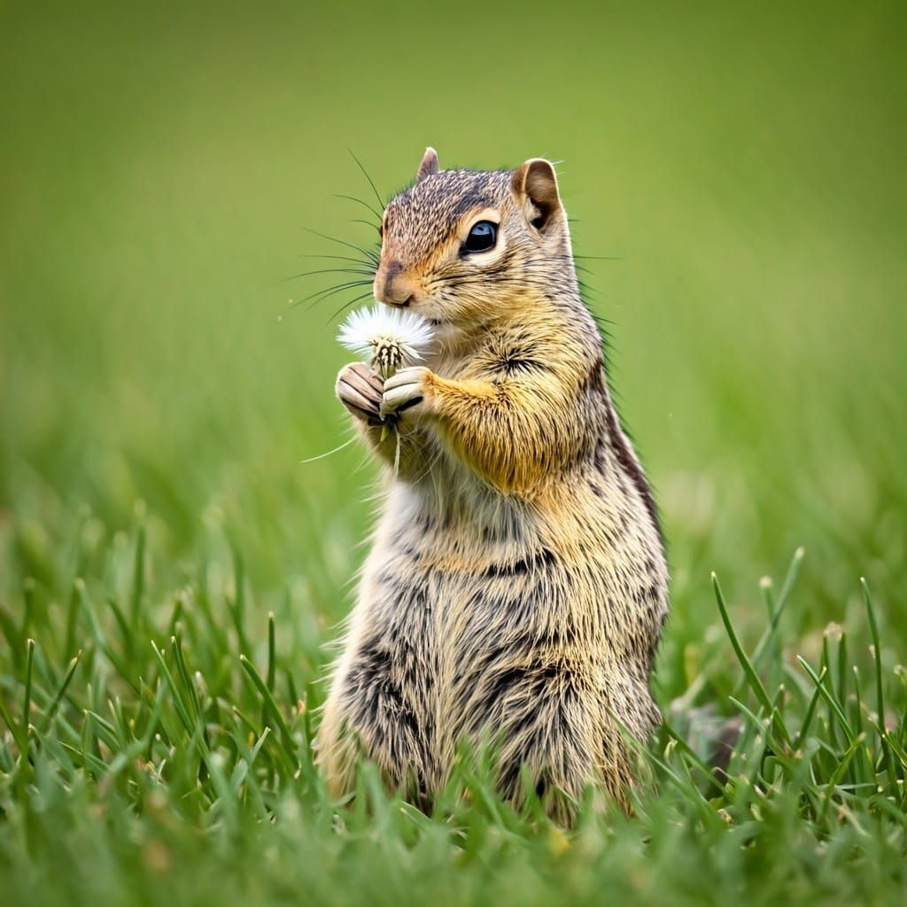 Squirrel Admires Delicate Dandelion in Warm Natural Light
