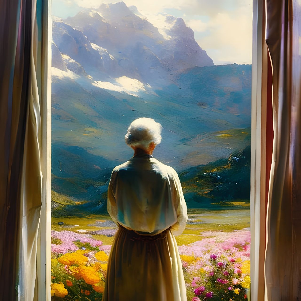 Elderly Woman at Window Overlooking Mountains: Oil Painting