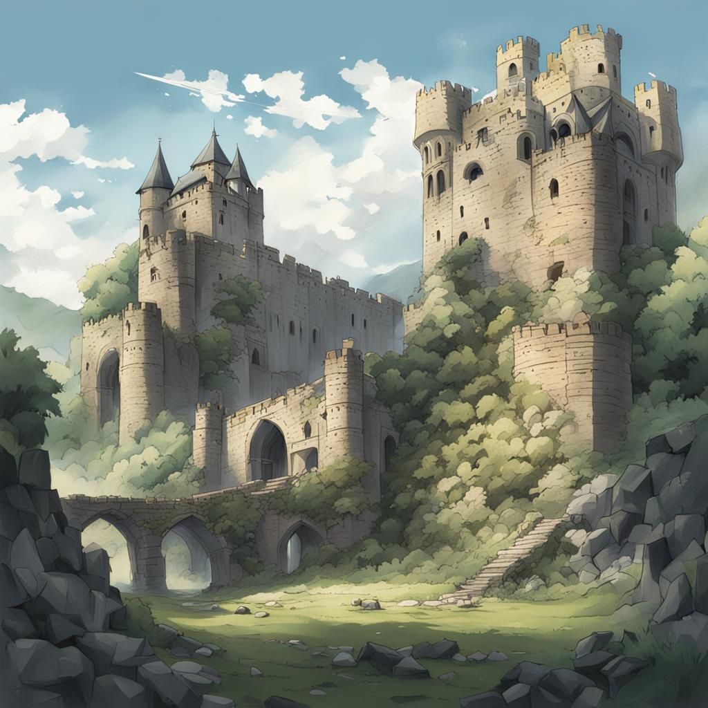 Anime Castle Ruins in Japanese Manga Style