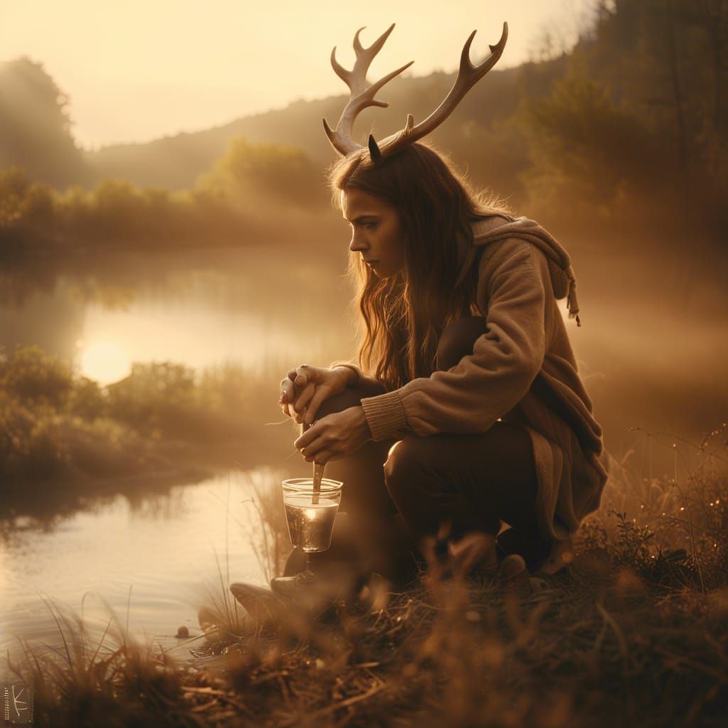 Antlered Woman Drinks by River in Sepia Tone