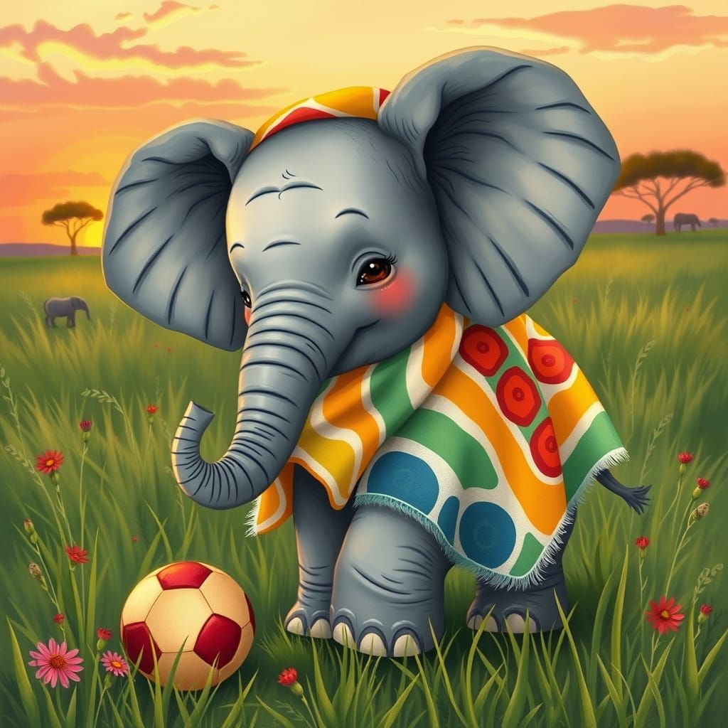 Whimsical Baby Elephant at Sunset in the Savannah