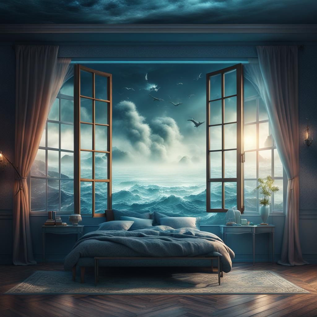 Surreal Bedroom Filled with Fog and Sea Water