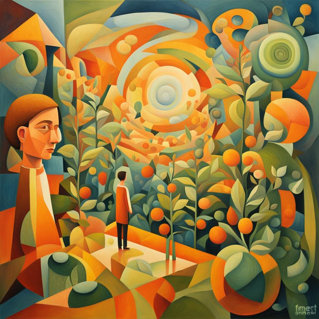 Cubist Dreamscape with Cosmic Elements in Oil