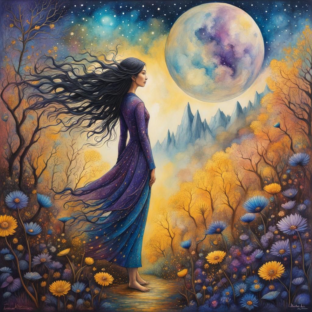 Mysterious Woman in Cosmic Forest, Mixed Media Collage