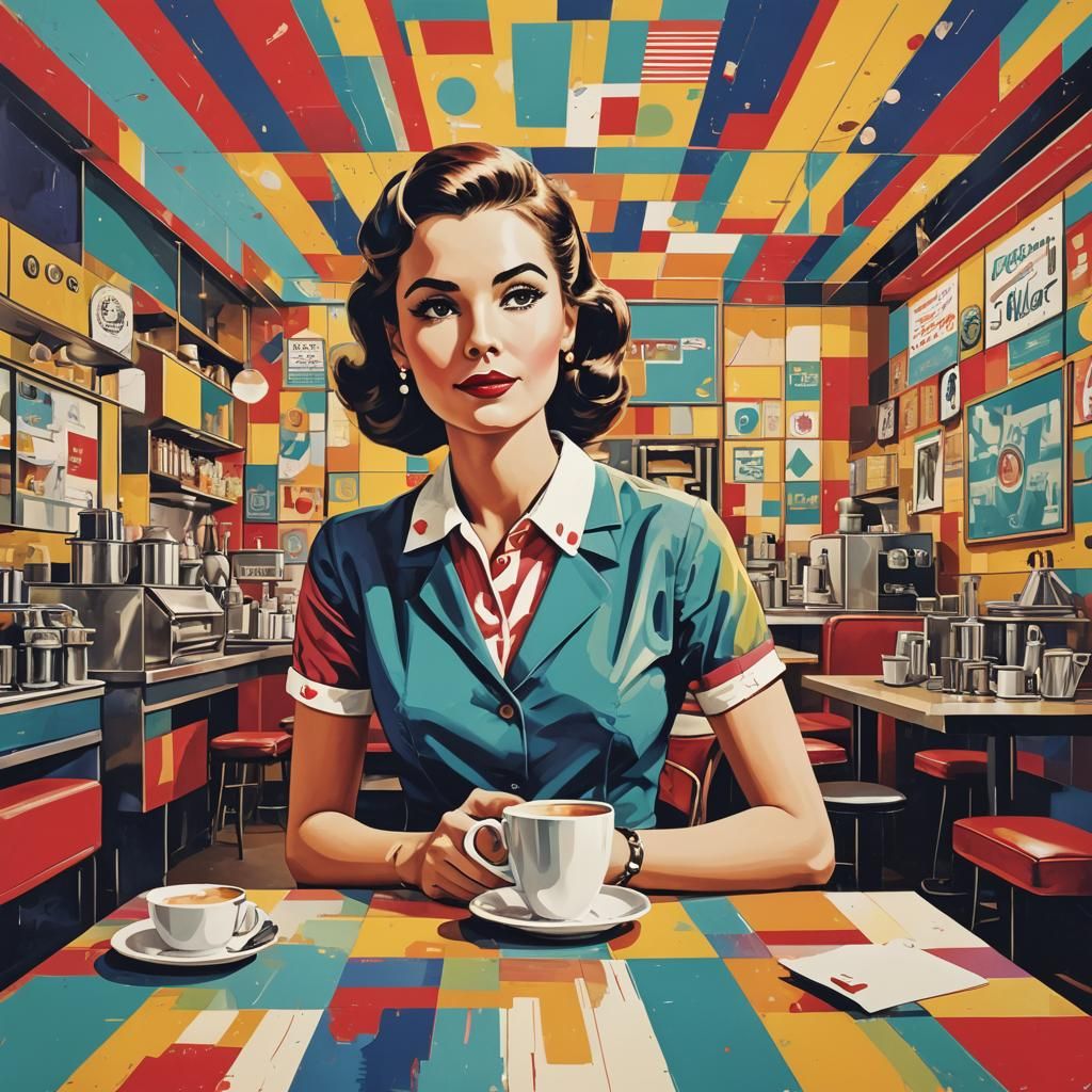 1950s American Girl in Cafe: Pop Art Screen Print