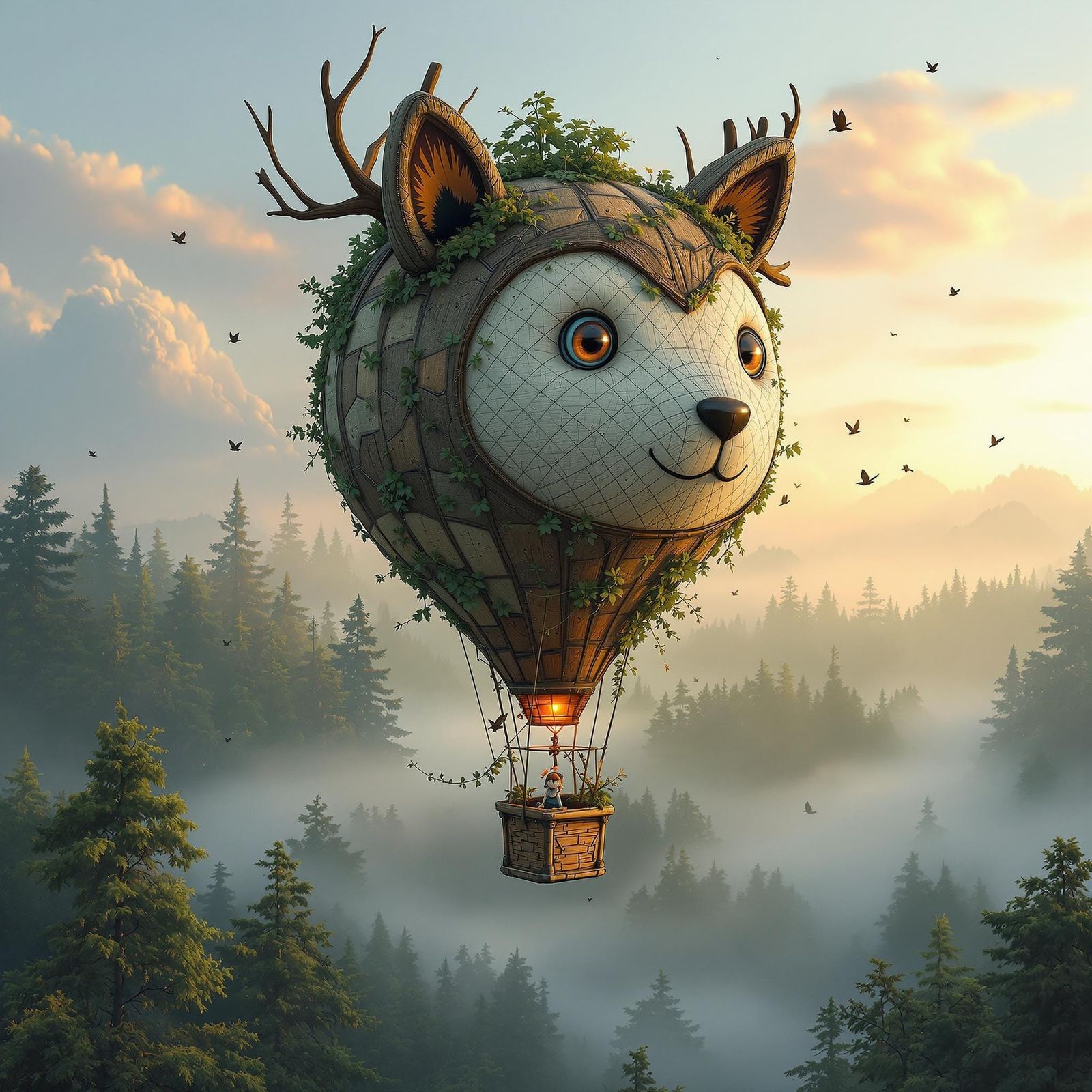 Whimsical Woodland Creature Hot Air Balloon at Dawn