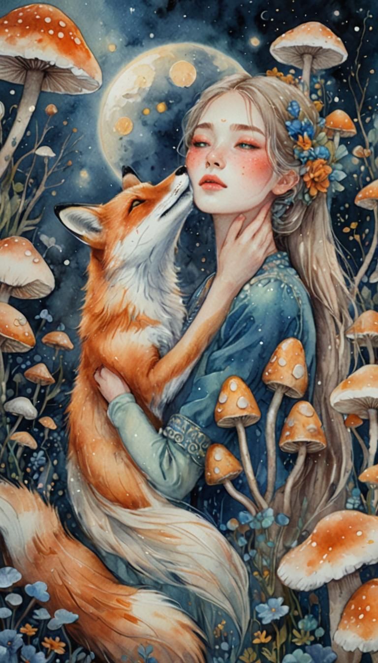 Woman and Fox Embrace in Moonlit Fantasy