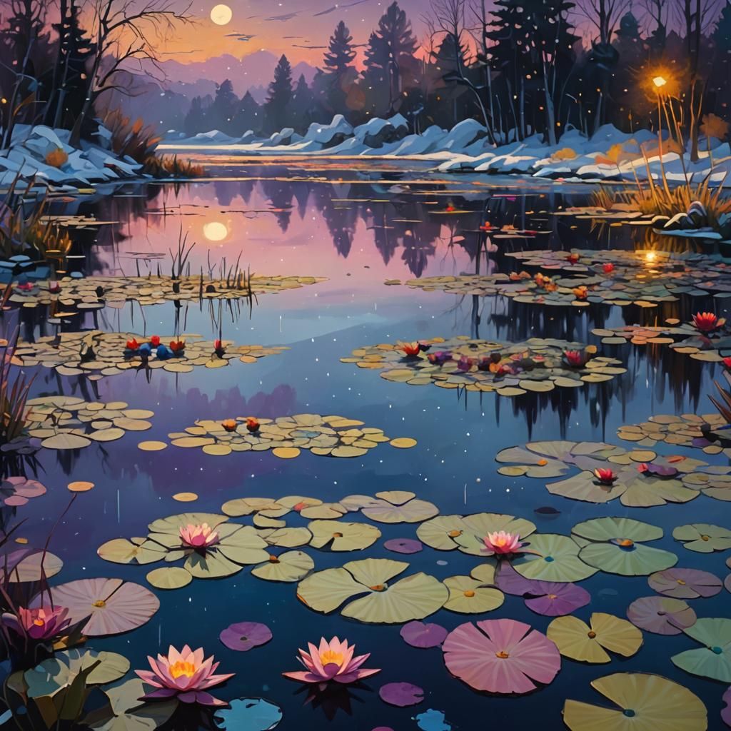 Kandinsky-Inspired Pond Under Snowy Sky