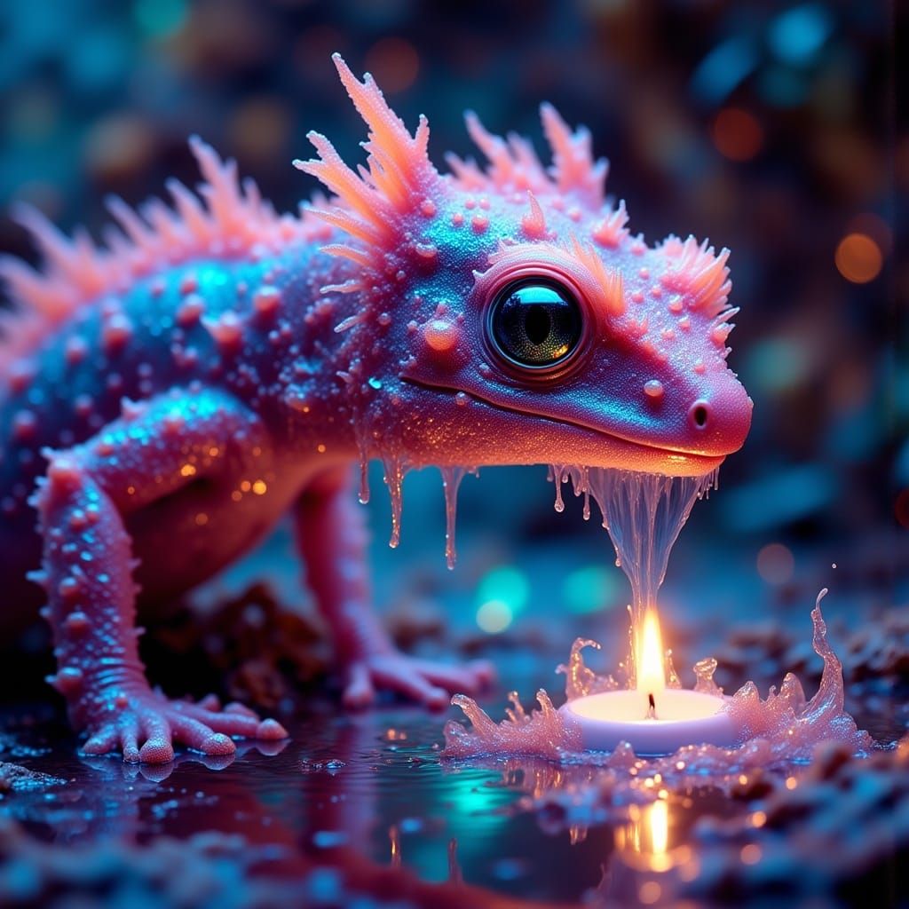 Surreal Salamander Rises from Neon-Lit Nebula in Antique Wat...