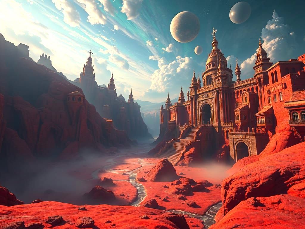 Surreal Red Tower in Deep Fantasy Art