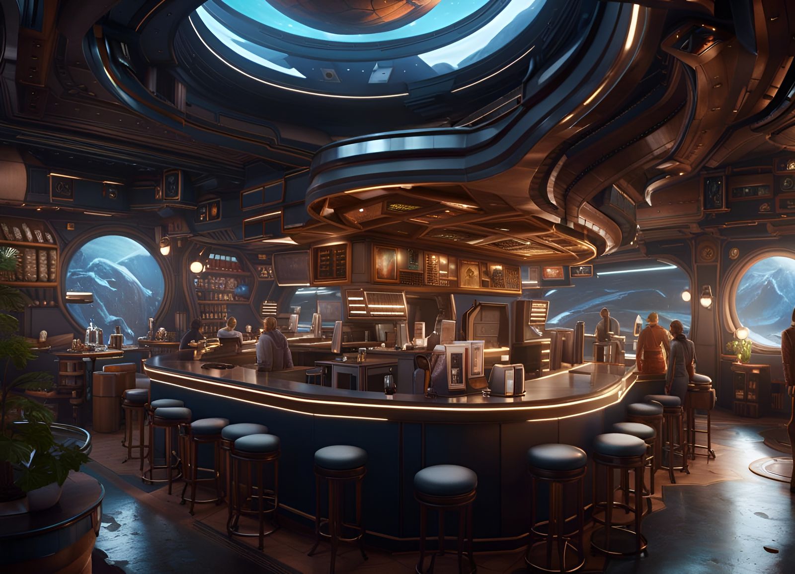 Busy Coffee Shop on a Space Station