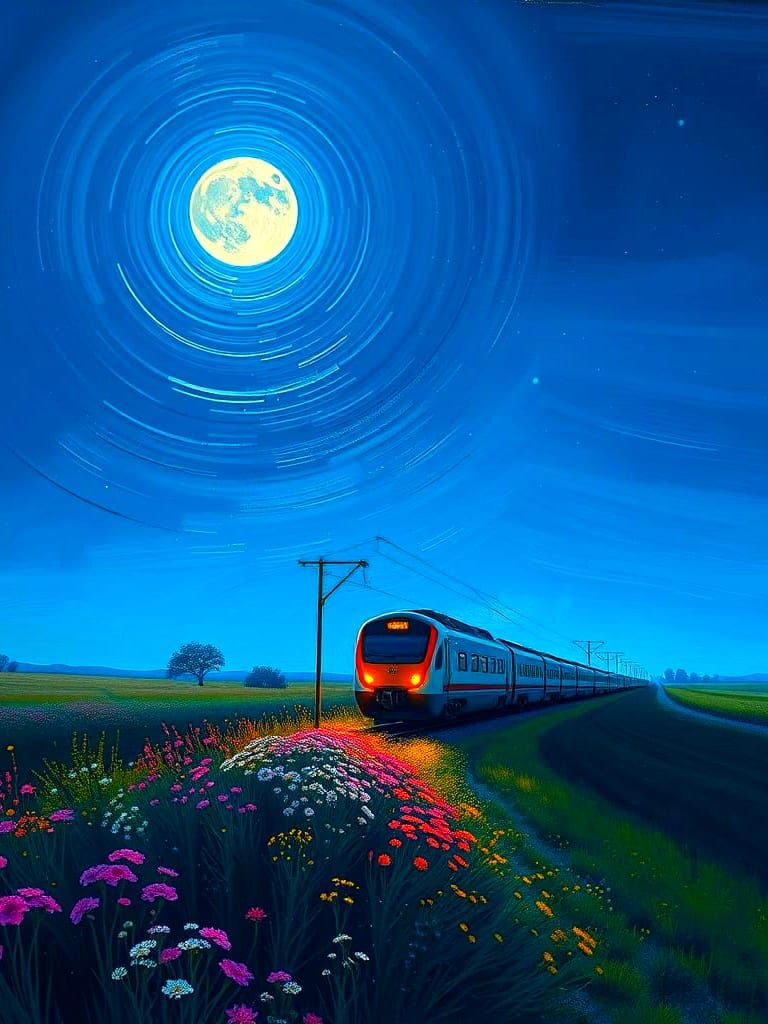 Romantic Summer Night with Shooting Star, Oil Painting