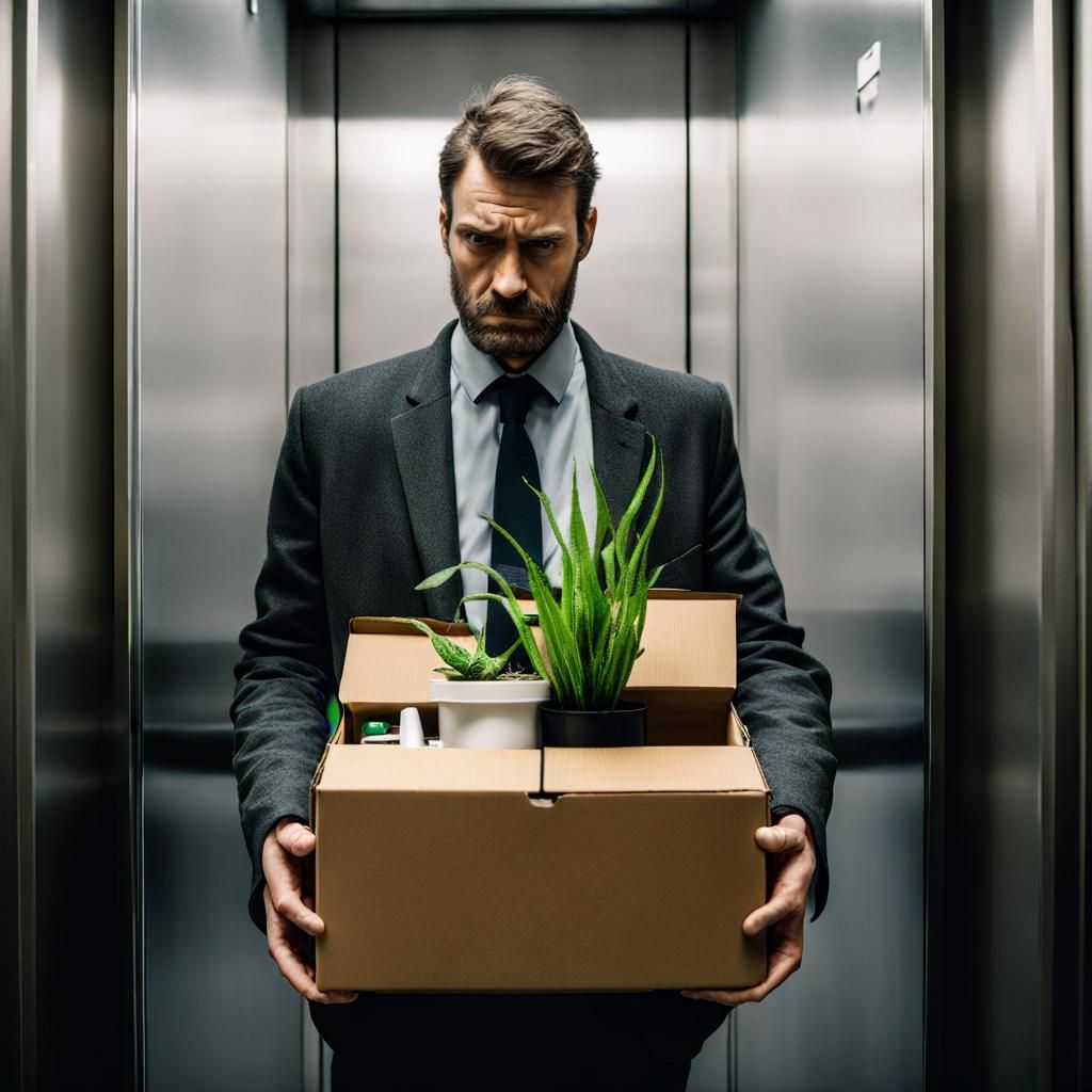 Man in Elevator Reflects on Office Struggles