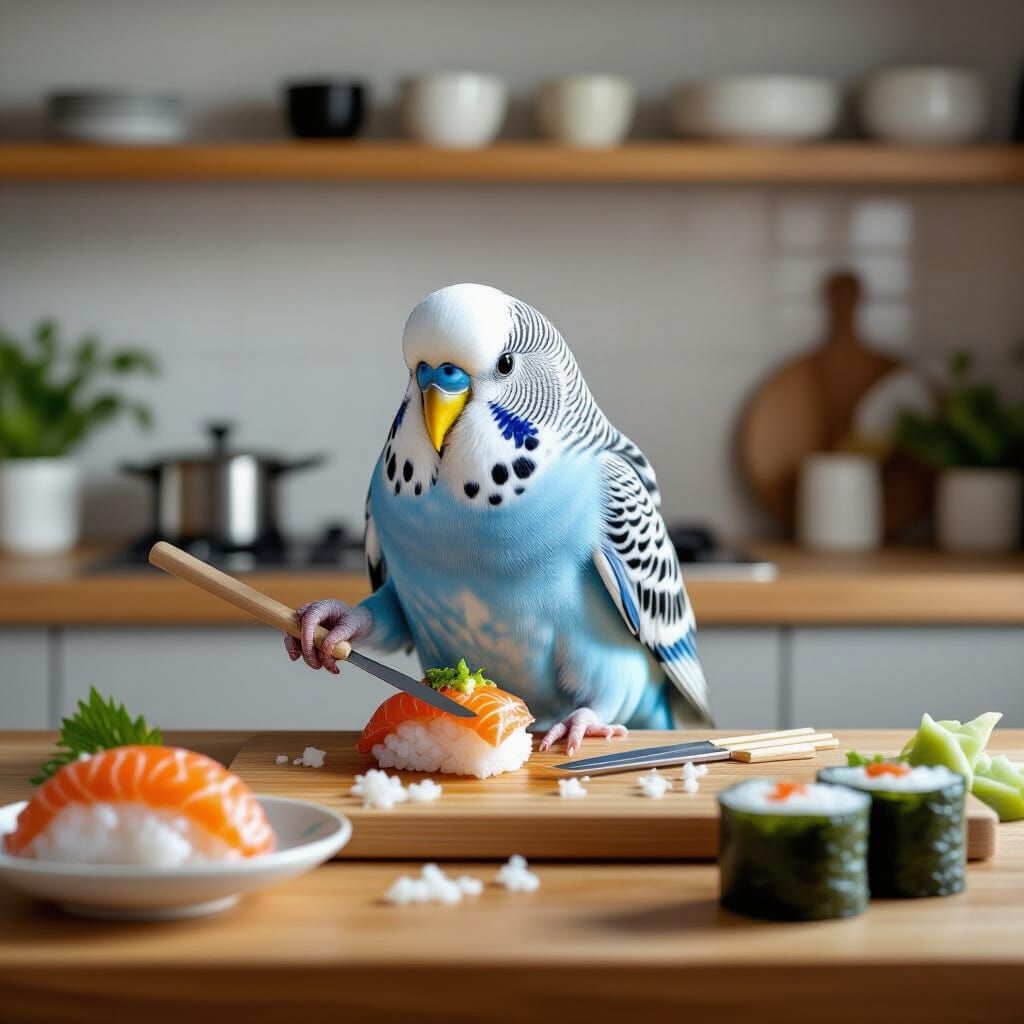 Blue Budgie Chef Prepares Sushi: Hyper-Realistic Photo