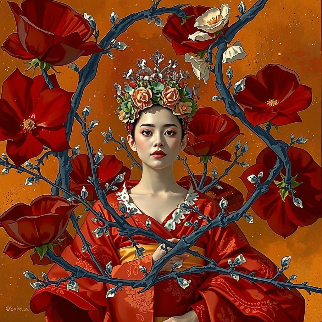 Elegant Geisha in Luminous Botanical Field Under Nebula Glow