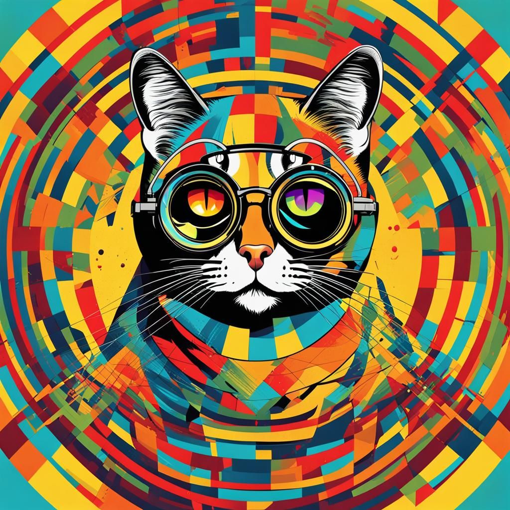Pop Art Cat with Glasses in Bauhaus Style