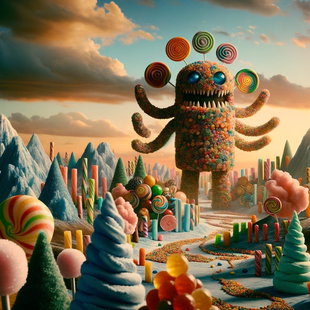 Whimsical Candy Monster in Fantasy Landscape
