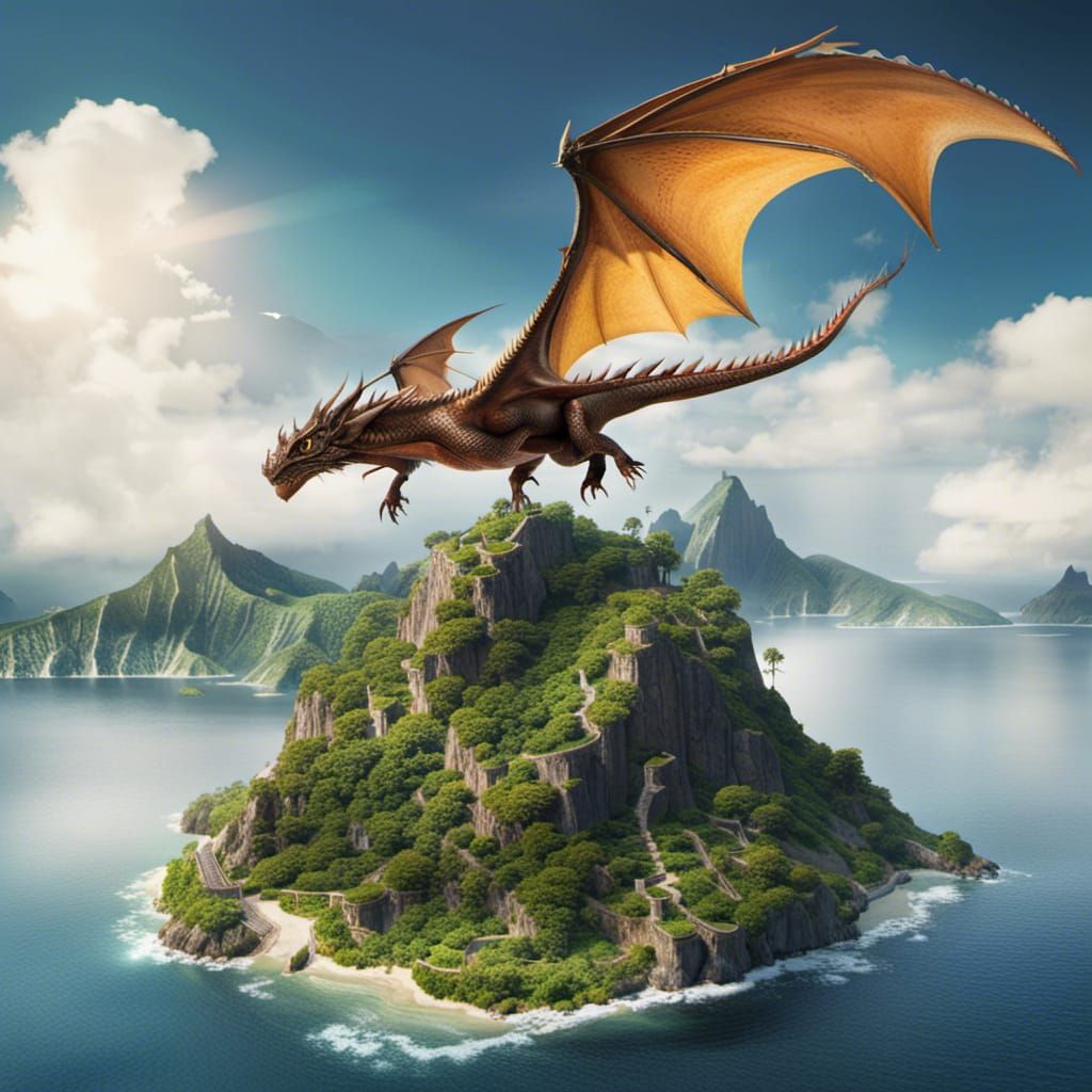 Dragon Flight Over Tropical Island