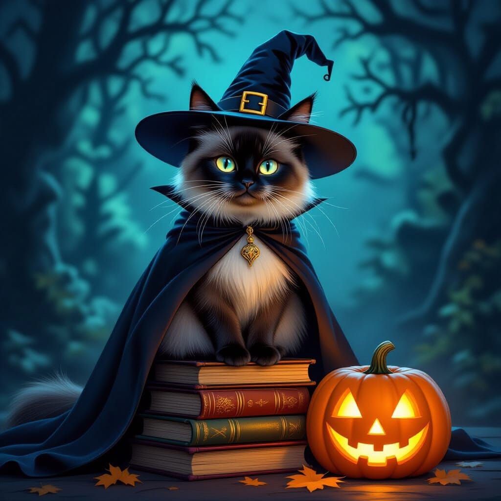 Siamese Cat Witch Halloween Illustration on Antique Books