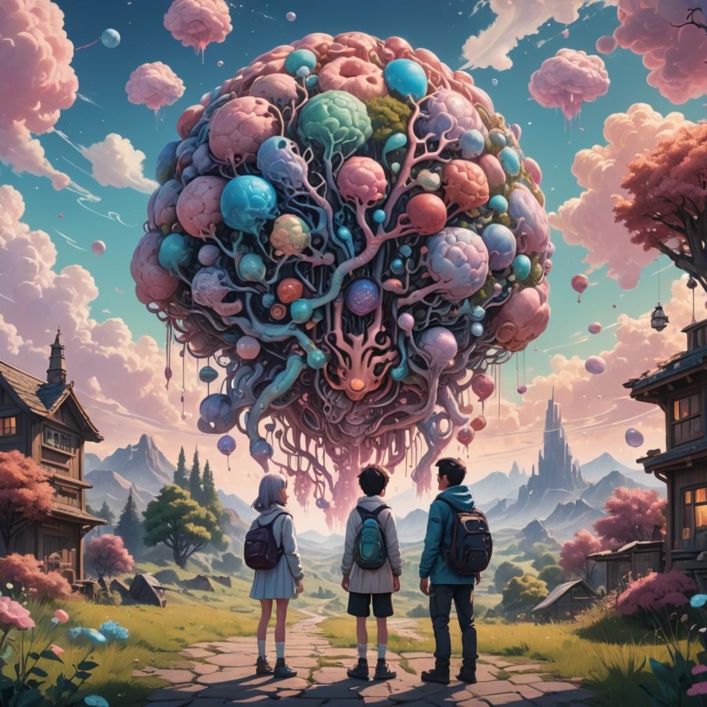 Pastel Chibi Art: Two Figures Staring at Organ Sky