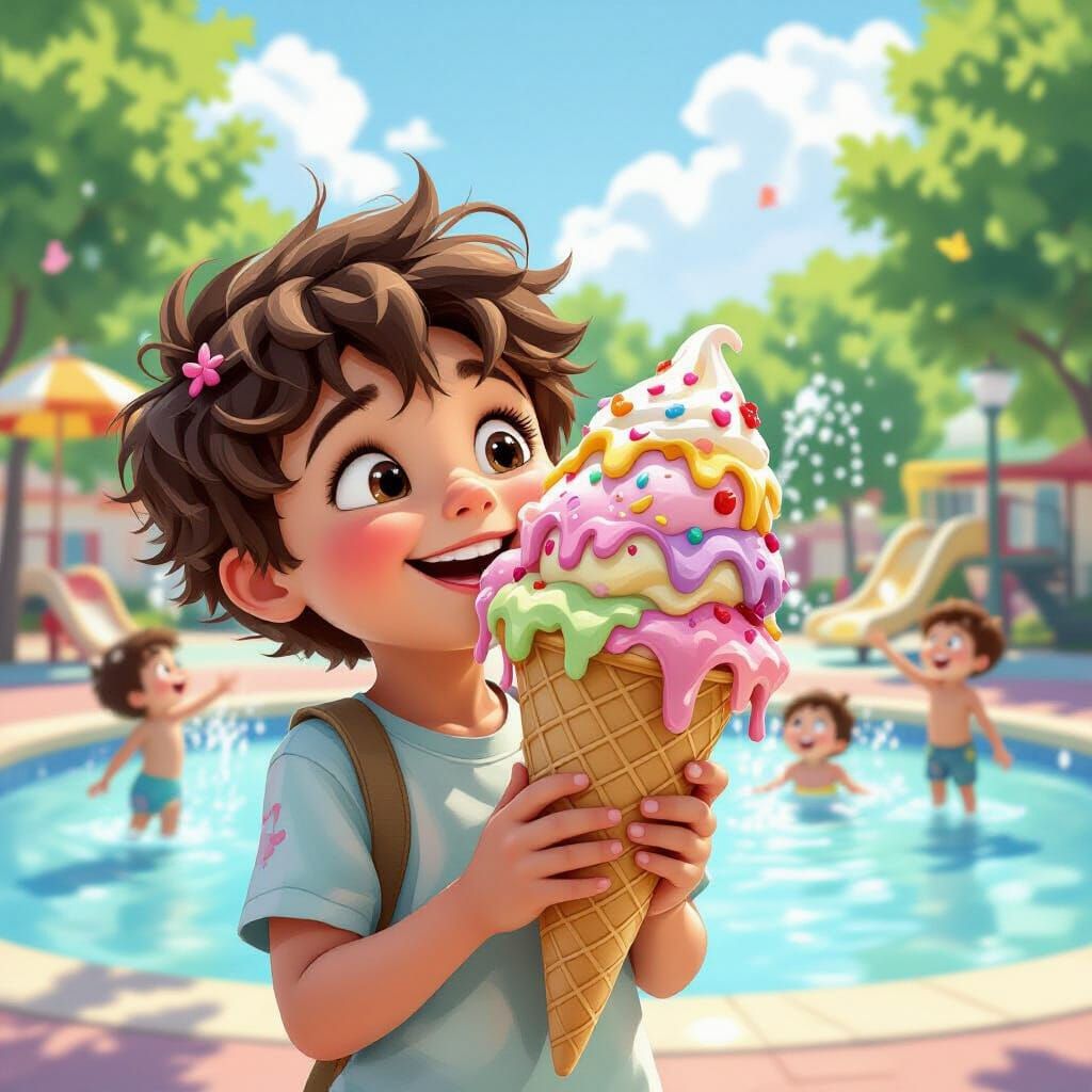 Eight Scoop Ice Cream Cone Melting on Sunny Day