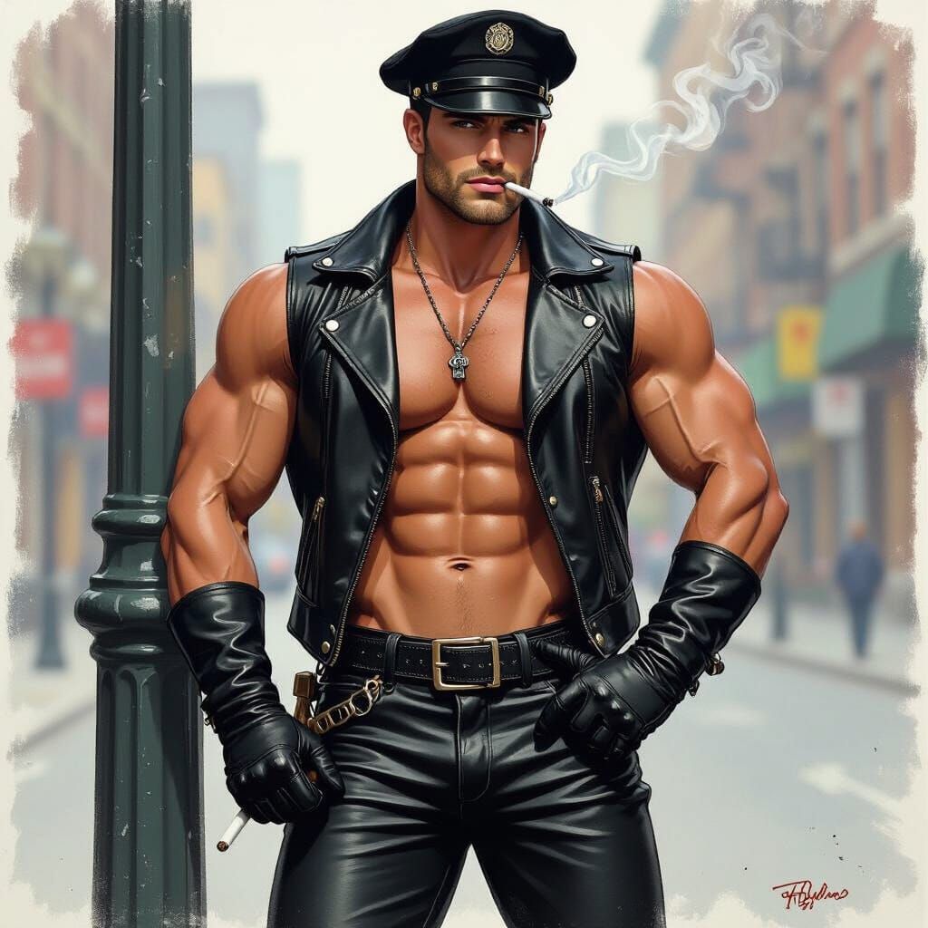 Muscular Biker Smoking in Tom of Finland Style