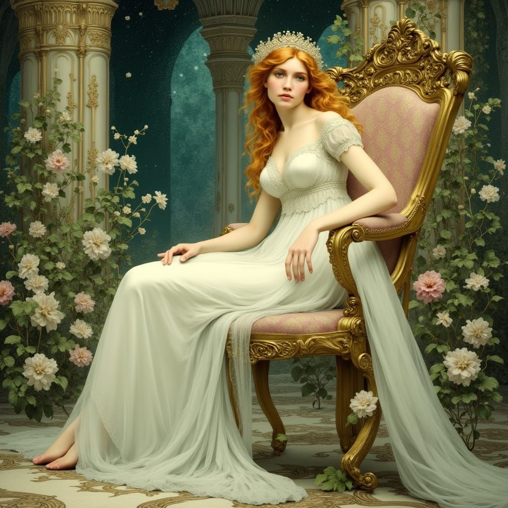 Celestial Empress on Crystal Throne in Art Nouveau Style