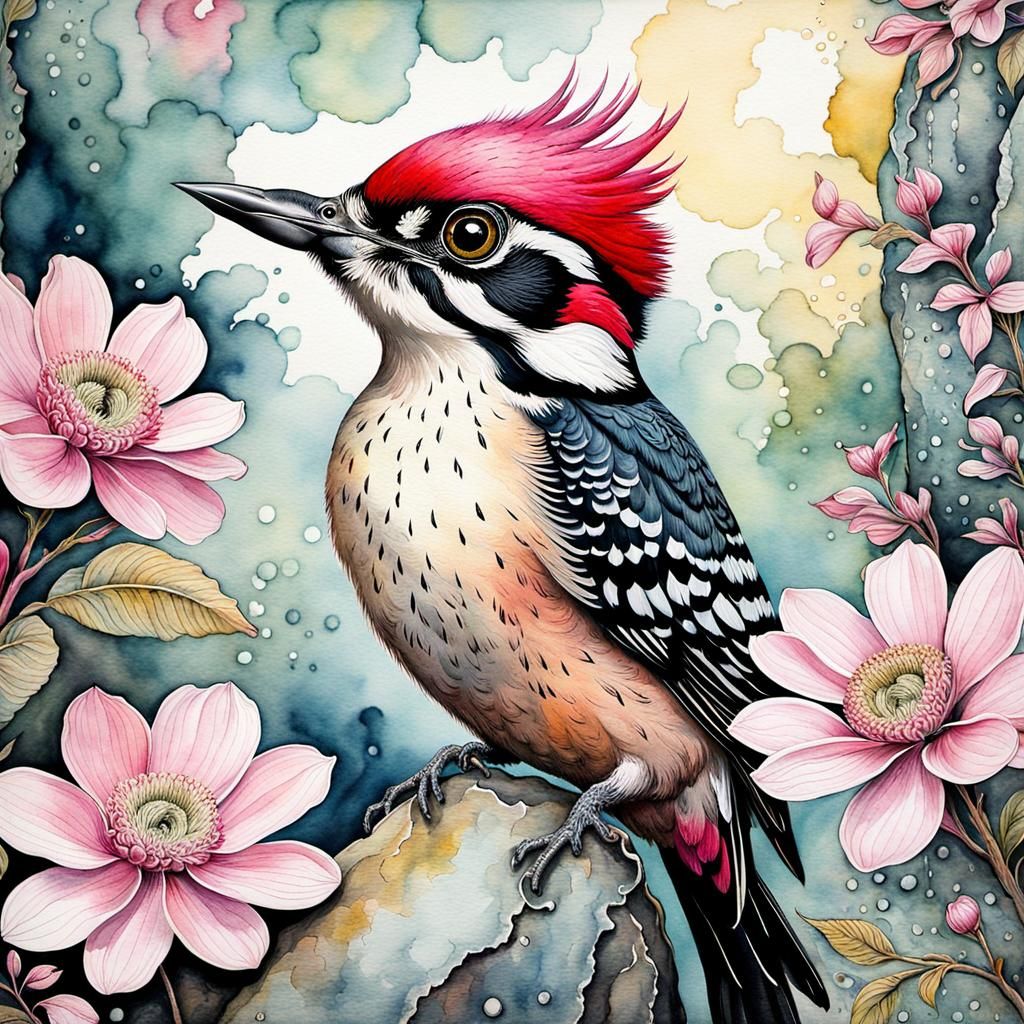 Watercolor Woodpecker with Floral Motifs