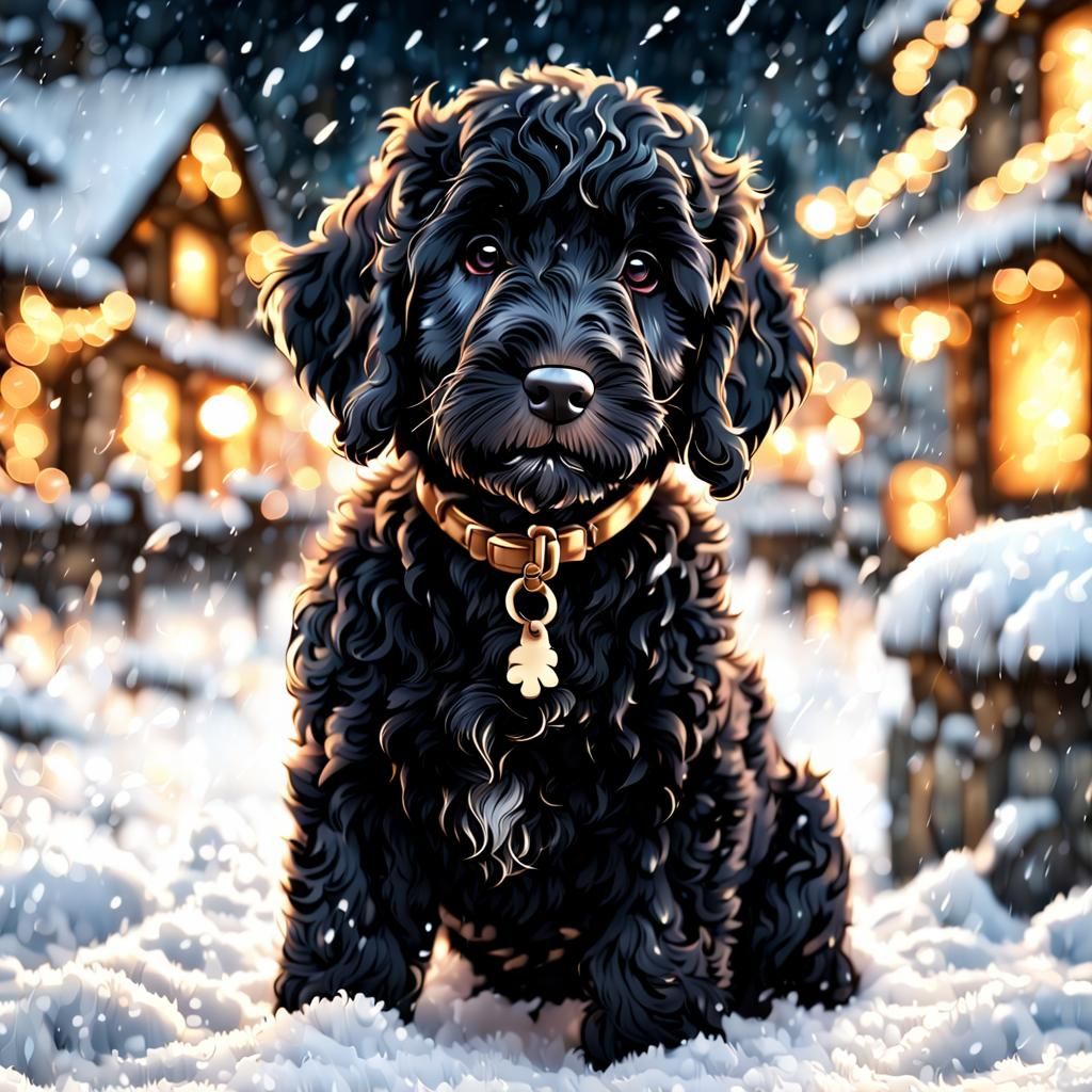 Black Goldendoodle Puppy in Snow: Anime Style