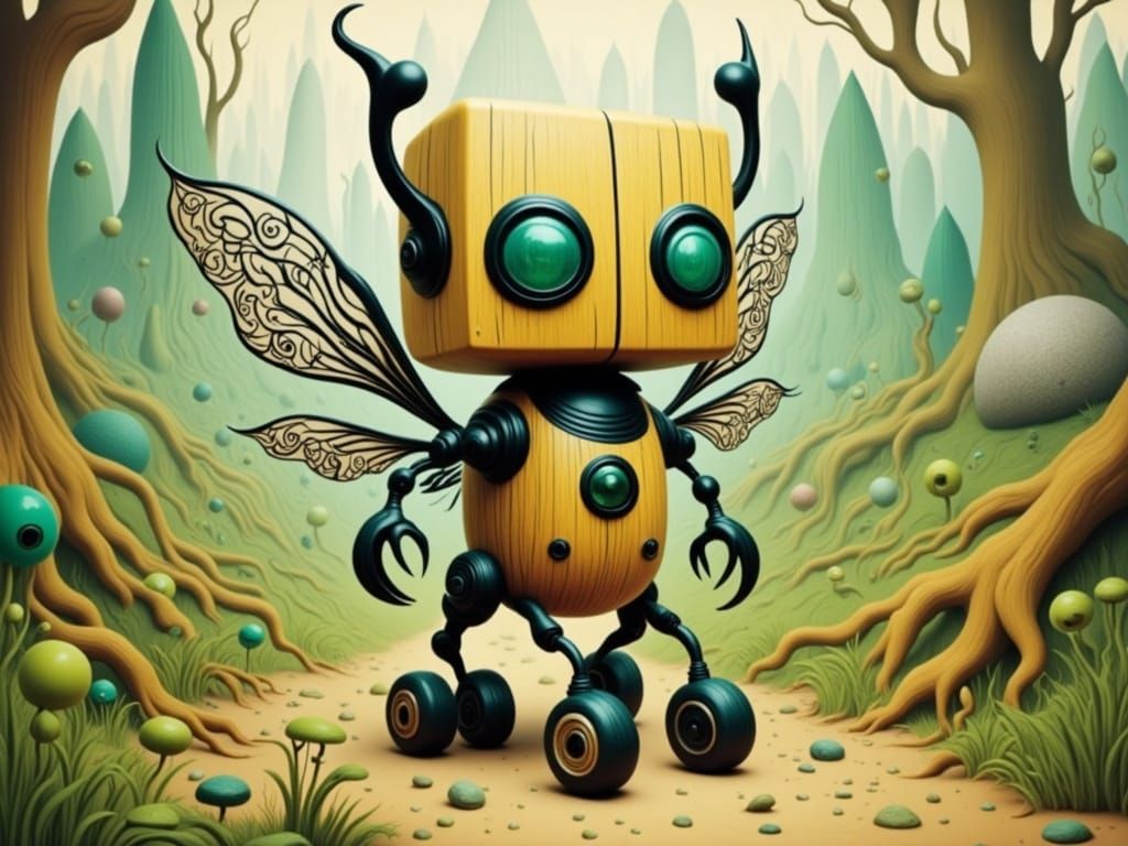 Cute Robot Fairy with Woodcut Whimsy by IMO