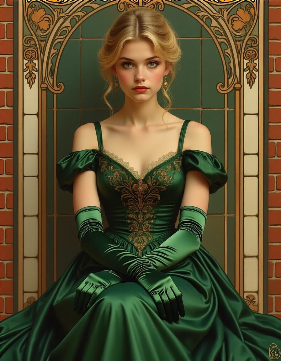 Woman in Green Gown, Art Nouveau Style