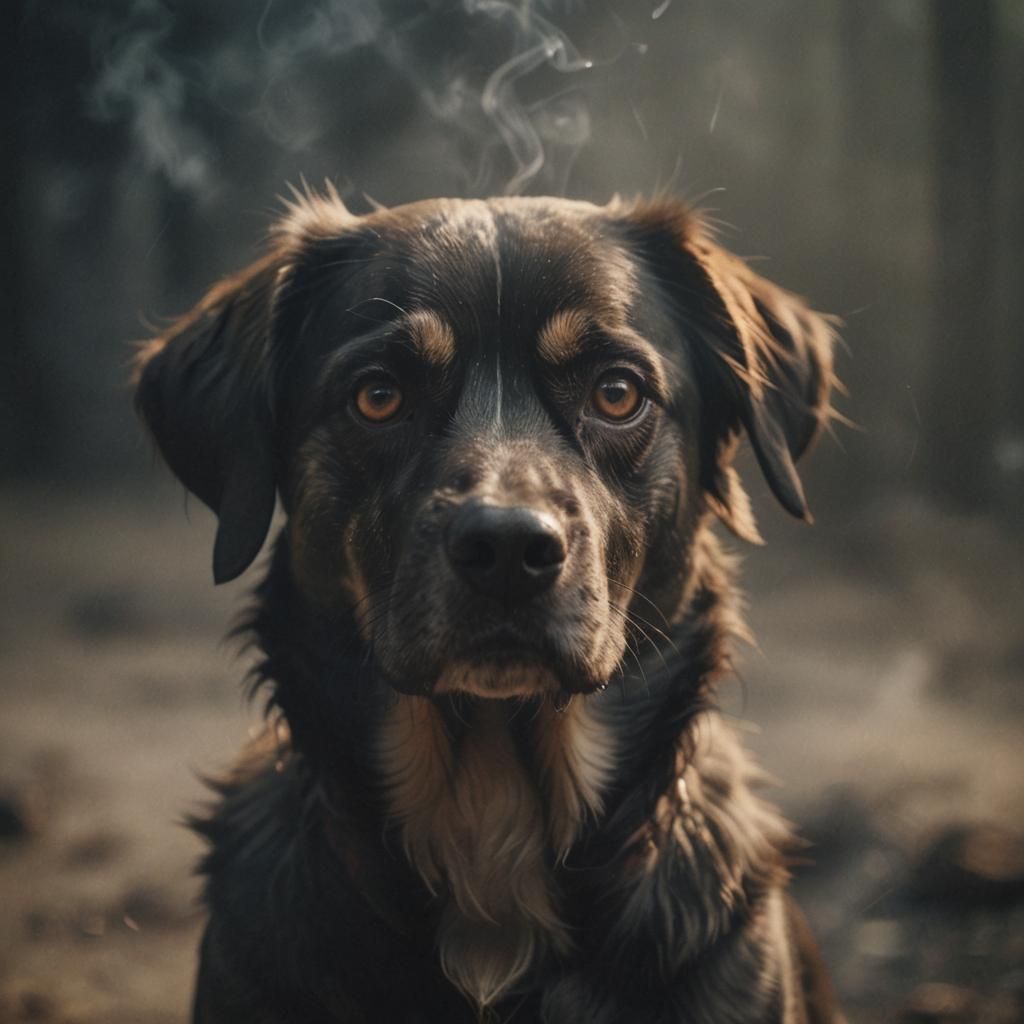 Dramatic Dog Portrait in Smoky, Cinematic Style