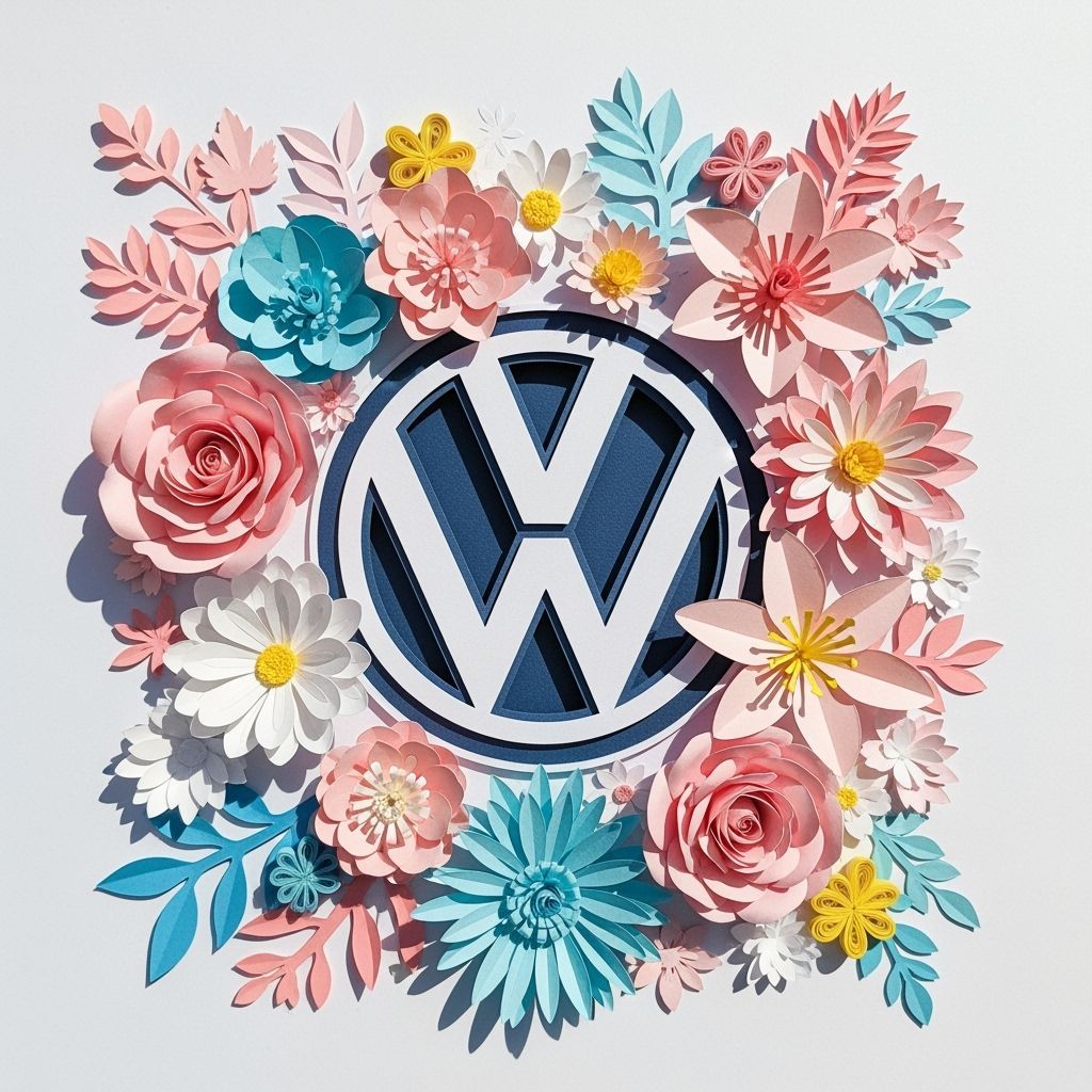 Intricate Paper-Cut VW Logo with Delicate Paper Flowers
